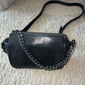 Topshop Black Faux Lizard-Embossed Crossbody with Chain Strap